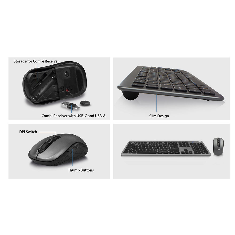 Wireless Keyboard and Mouse set, USB-C/USB-A combi receiver (Azerty/BE layout)
