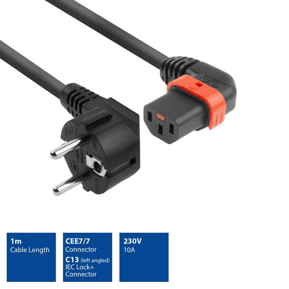Powercord CEE 7/7 male (angled) - C13 IEC Lock (left angled) black 1 m, EL447S