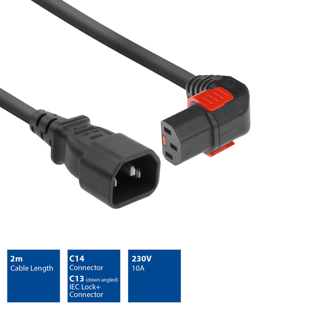 Powercord C14 - C13 IEC Lock (down angled) black 2 m, PC2048