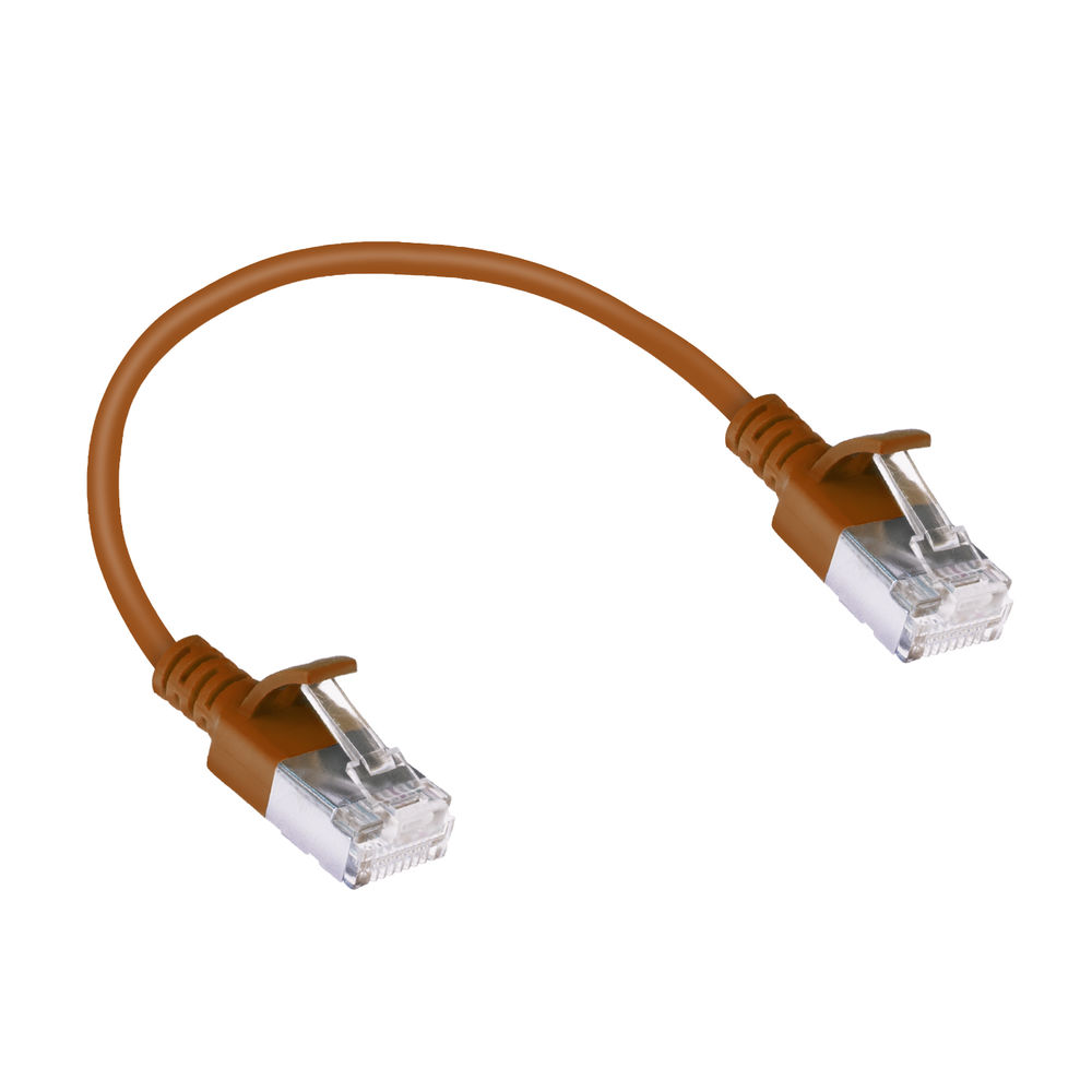 Brown 0.15 meter LSZH U/FTP CAT6A datacenter slimline patch cable snagless with RJ45 connectors