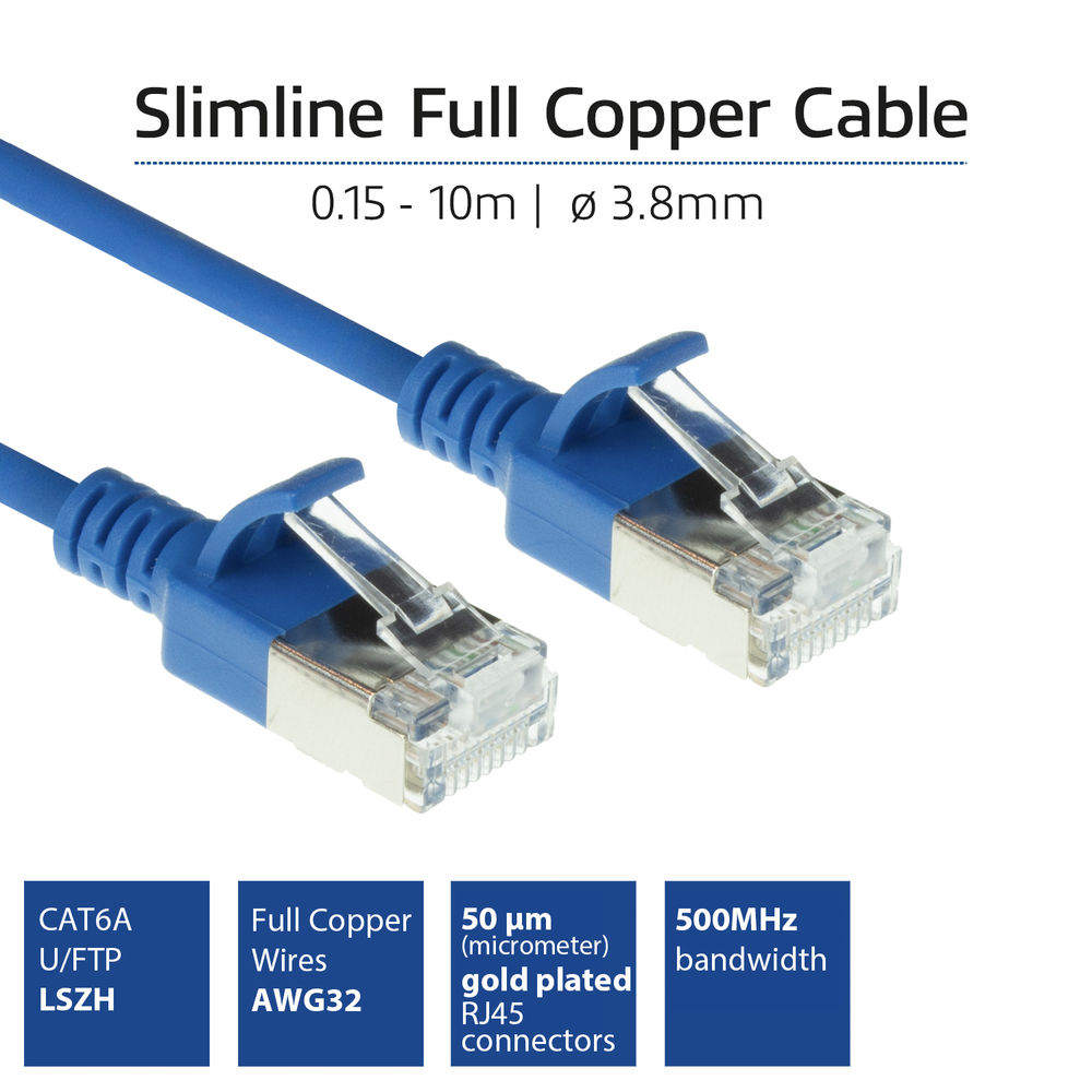 Blue 2 meter LSZH U/FTP CAT6A datacenter slimline patch cable snagless with RJ45 connectors