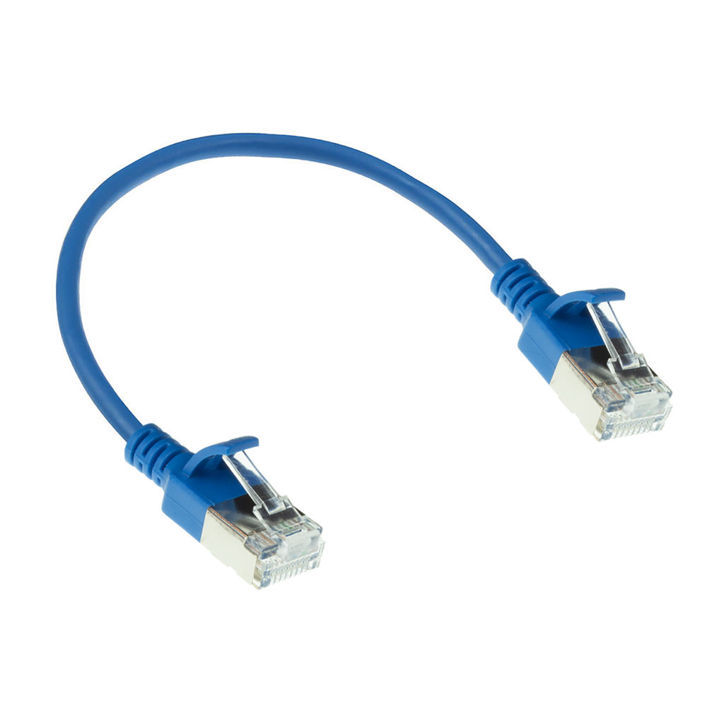 Blue 0.15 meter LSZH U/FTP CAT6A datacenter slimline patch cable snagless with RJ45 connectors