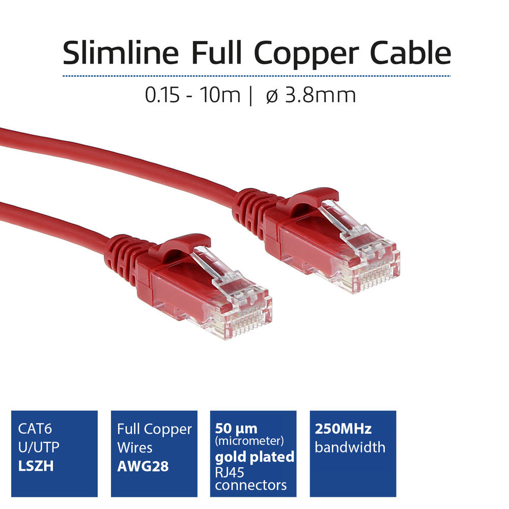 Red 3 meter LSZH U/UTP CAT6 datacenter slimline patch cable with RJ45 connectors
