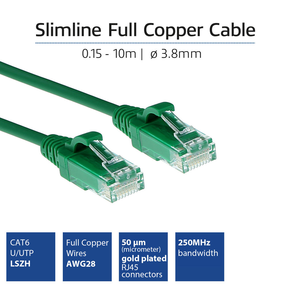 Green 0.25 meter LSZH U/UTP CAT6 datacenter slimline patch cable with RJ45 connectors