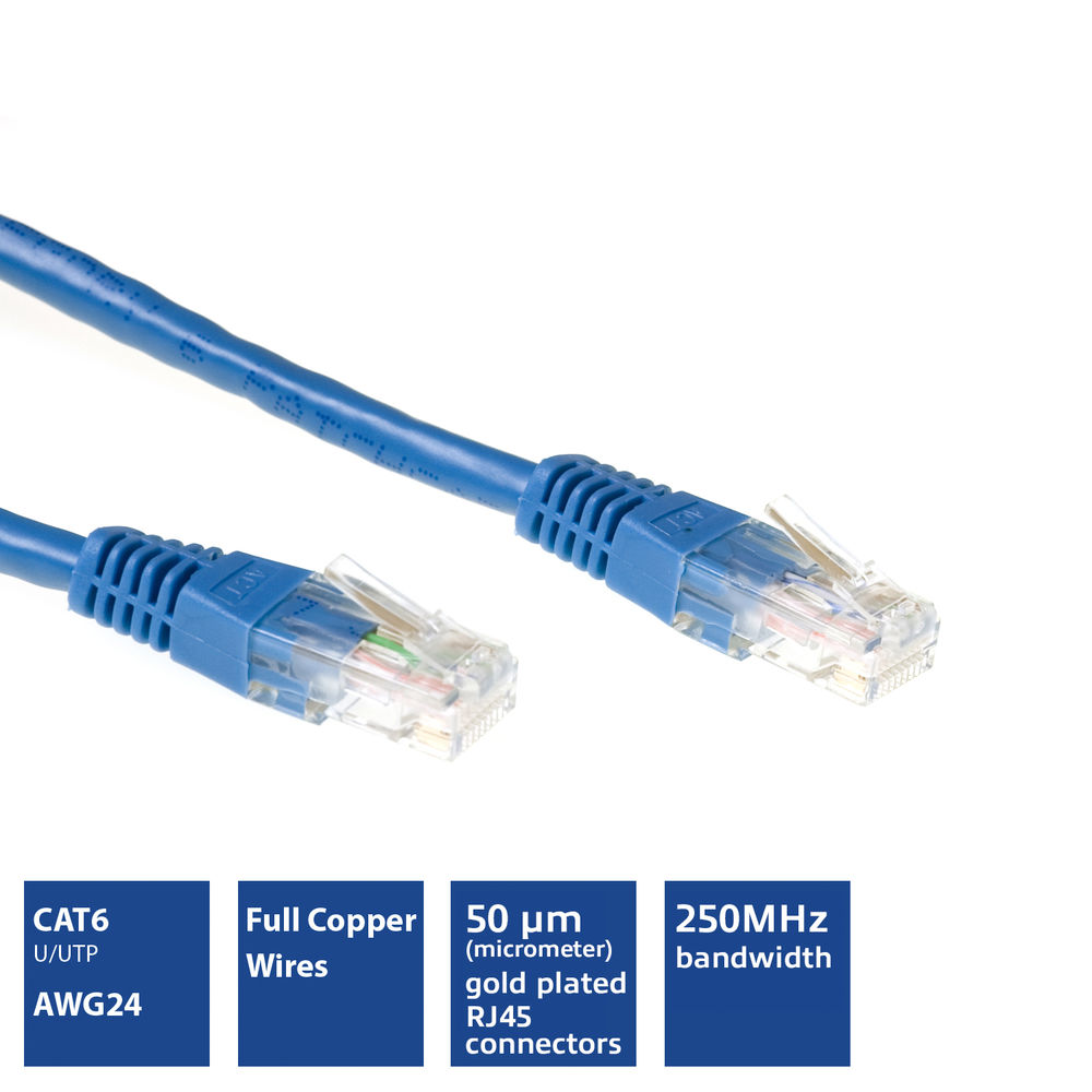 Blue 10 meter U/UTP CAT6 patch cable with RJ45 connectors