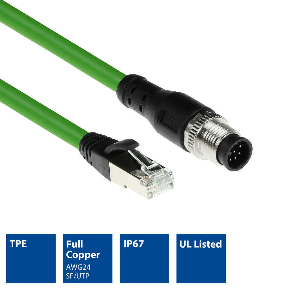 Industrial 7.50 meters Sensor cable M12A 8-pin male to RJ45 male, Ultraflex SF/UTP TPE cable, shielded
