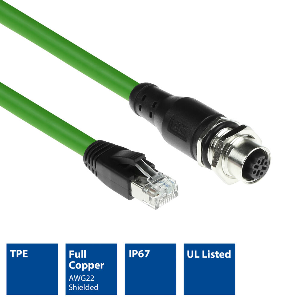 Industrial 3.00 meters Sensor cable M12D 4-pin female chassis to RJ45 male, Superflex Xtreme TPE cable, shielded