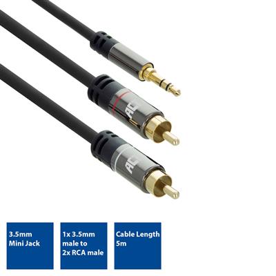 5 meters High Quality audio connection cable 1x 3.5mm stereo jack male - 2x RCA male