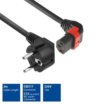 Powercord CEE 7/7 male (angled) - C13 IEC Lock (up angled) black 3 m, EL456S