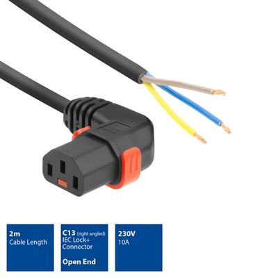 Powercord C13 IEC Lock (right angled) - open end black 2 m, PC2057