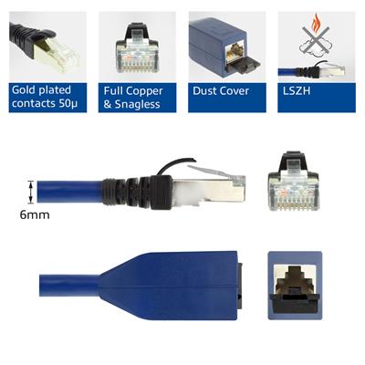 Blue 3 meters LSZH SFTP CAT6A MPTL extension cable snagless with RJ45 connectors