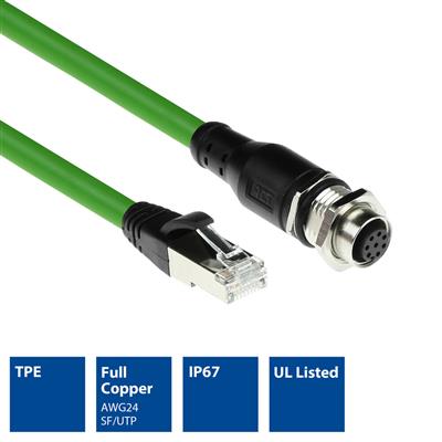 Industrial 1.50 meters Sensor cable M12A 8-pin female to RJ45 male, Ultraflex SF/UTP TPE cable, shielded