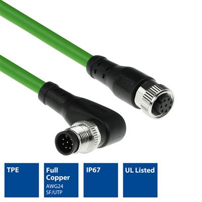 Industrial 0.20 meters Sensor cable M12A 8-pin male right angled to M12A female, Ultraflex TPE cable, shielded