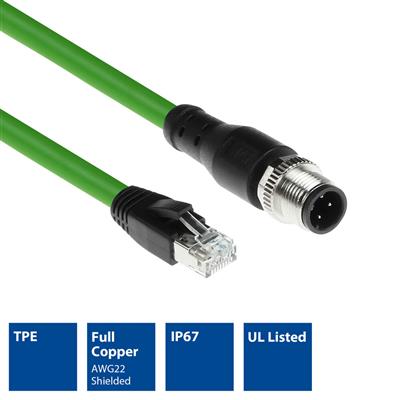 Industrial 20.00 meters Sensor cable M12D 8-pin male right angled to RJ45 male, Superflex Xtreme TPE cable, shielded